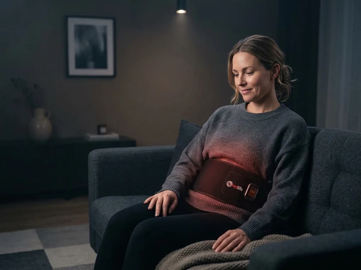 Woman using the RedLife Therapy Pro Belt at home with red light glow