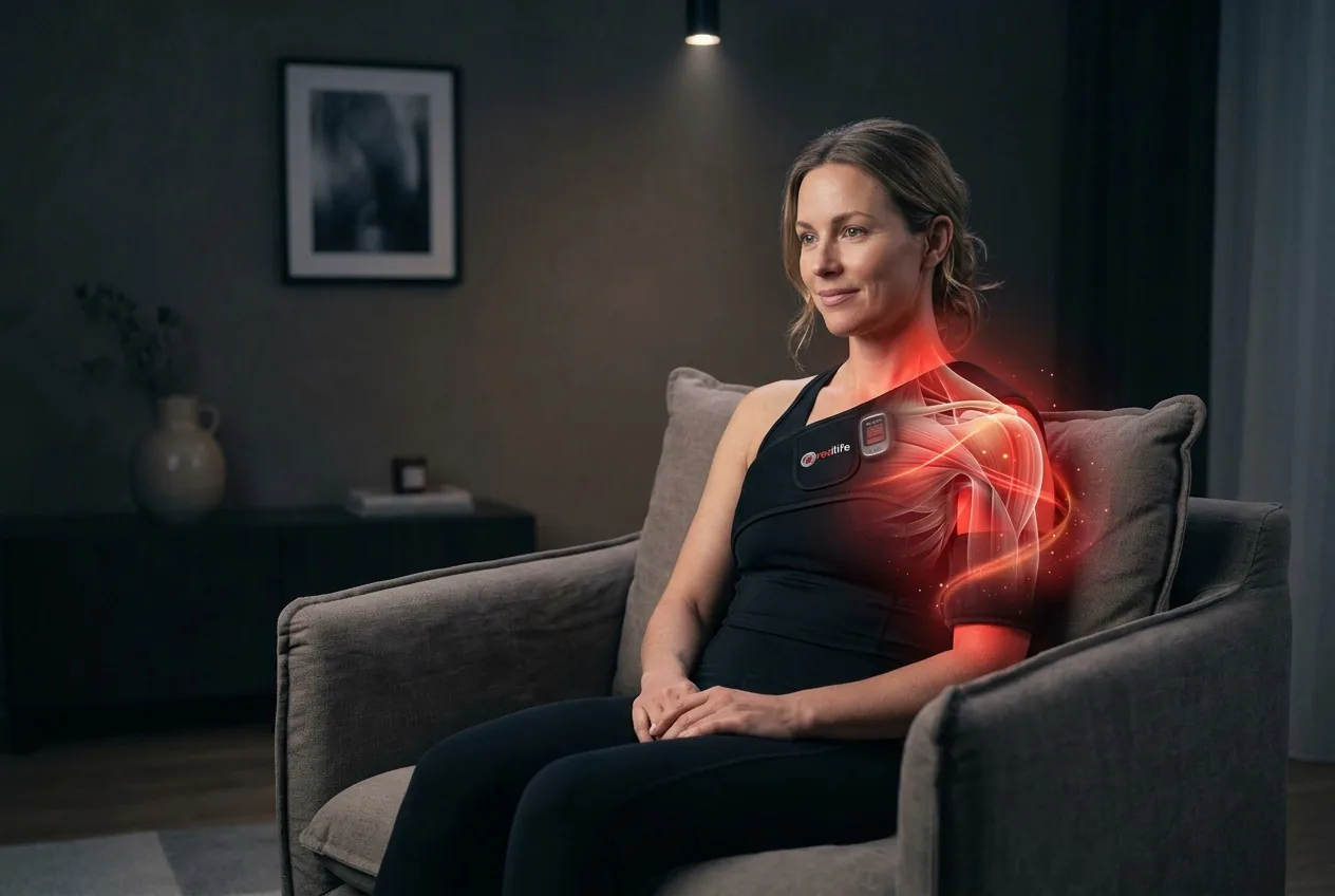 RedLife Therapy Pro Belt wrapped around the shoulder for targeted therapy