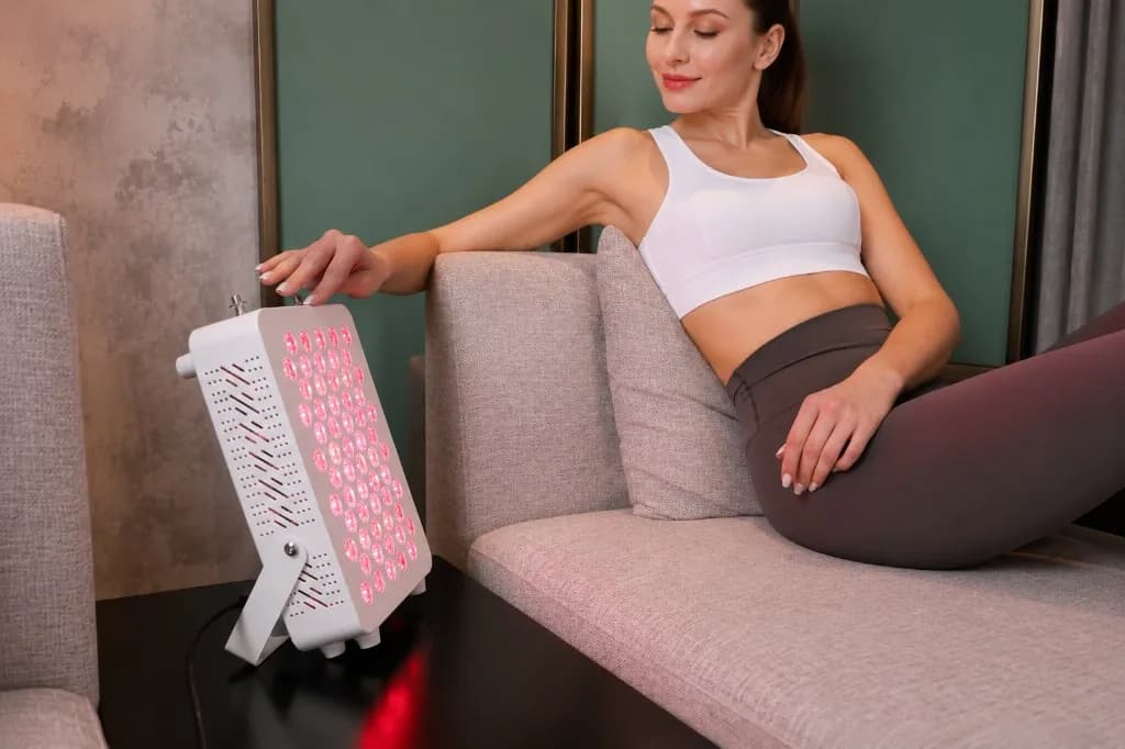 Woman using a RedLife Pro 100 panel while relaxing on a sofa