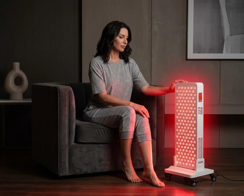 Woman with a RedLife Pro 200 panel on a wheeled stand at home