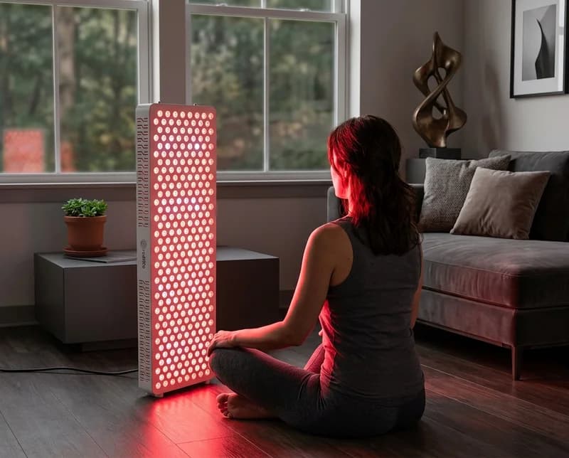 Woman sitting with a RedLife Pro 300 Max panel for a full-body session