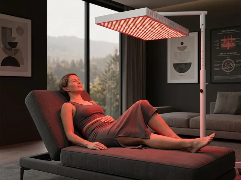 Woman lying under a RedLife Pro 600 panel on a floor stand
