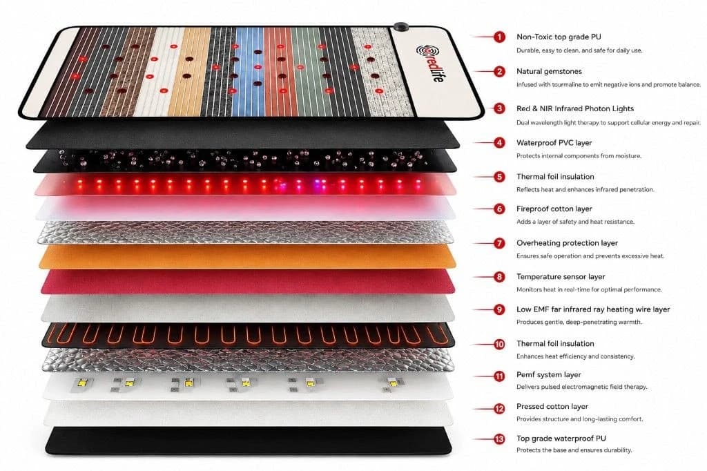 Exploded view of the 13 layers inside the RedLife PEMF Bio-Forge mat, from top-grade PU to waterproof base