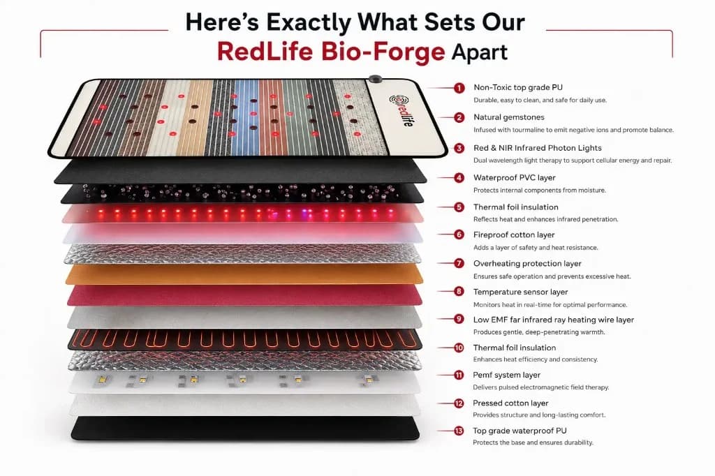 Exploded view of the 13 layers inside the RedLife PEMF Bio-Forge mat, from top-grade PU to waterproof base